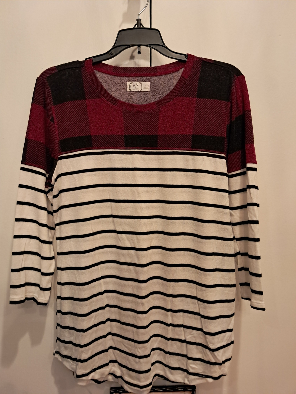 24/7 Maurices Red Plaid & Black-White Striped Tunic